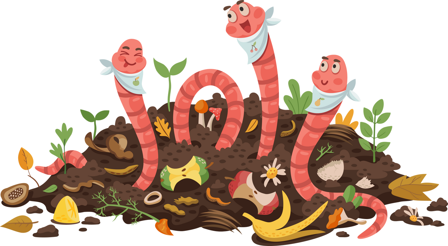 Cartoon funny earth worm characters eating compost